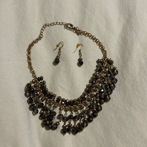 Smoky colored iridescent and clear crystal cut bead necklace and earring set GUC